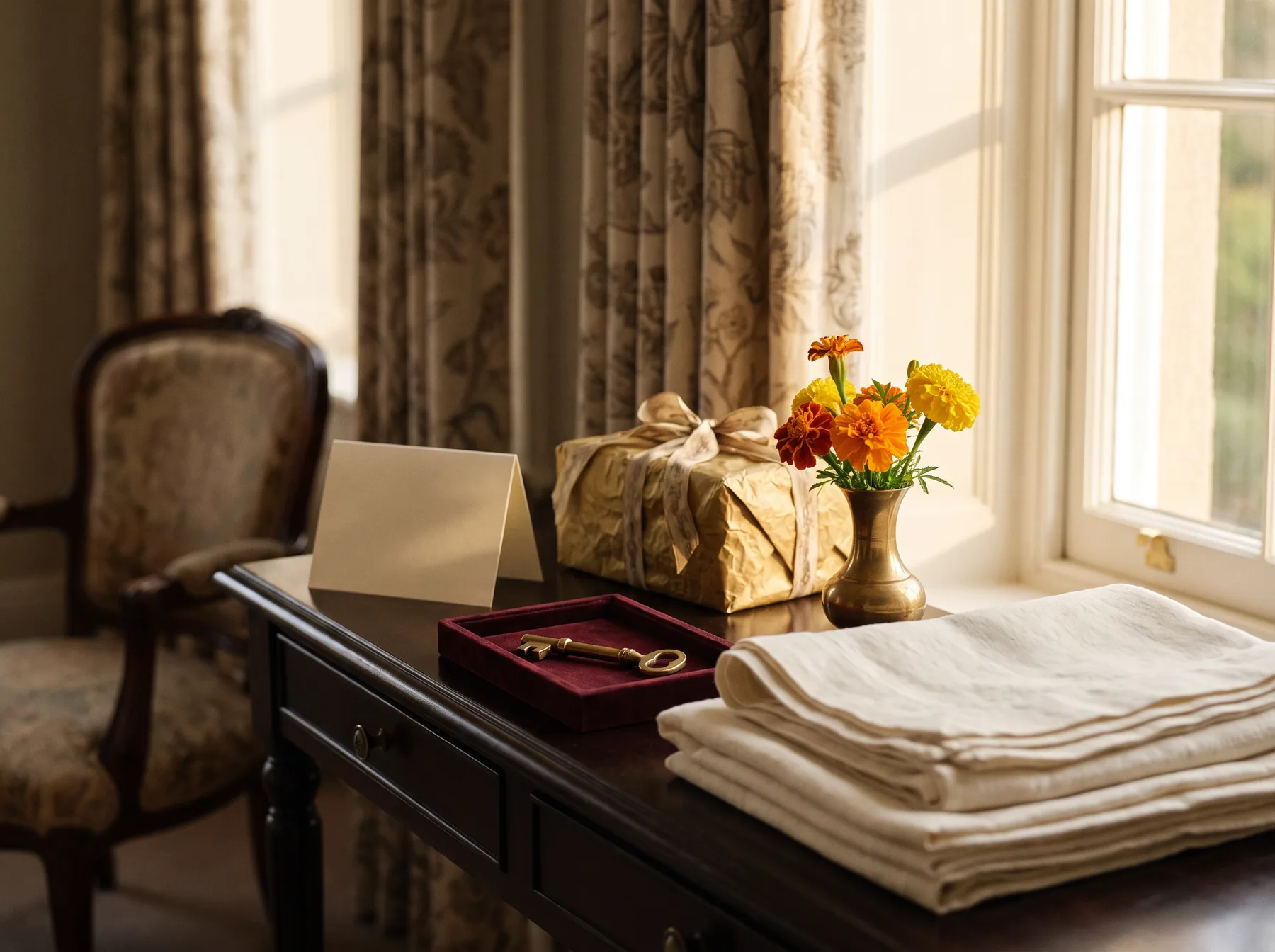 A brass room key on a velvet tray beside a wrapped welcome hamper