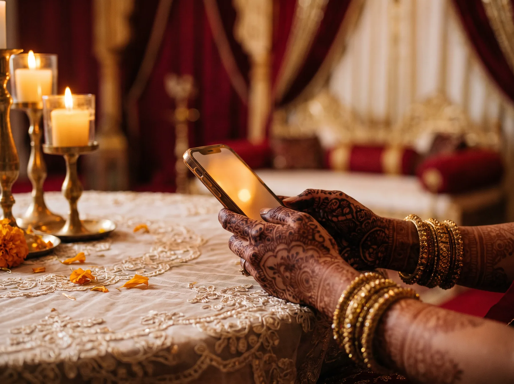 A bride's mehendi-covered hands holding a phone by candlelight