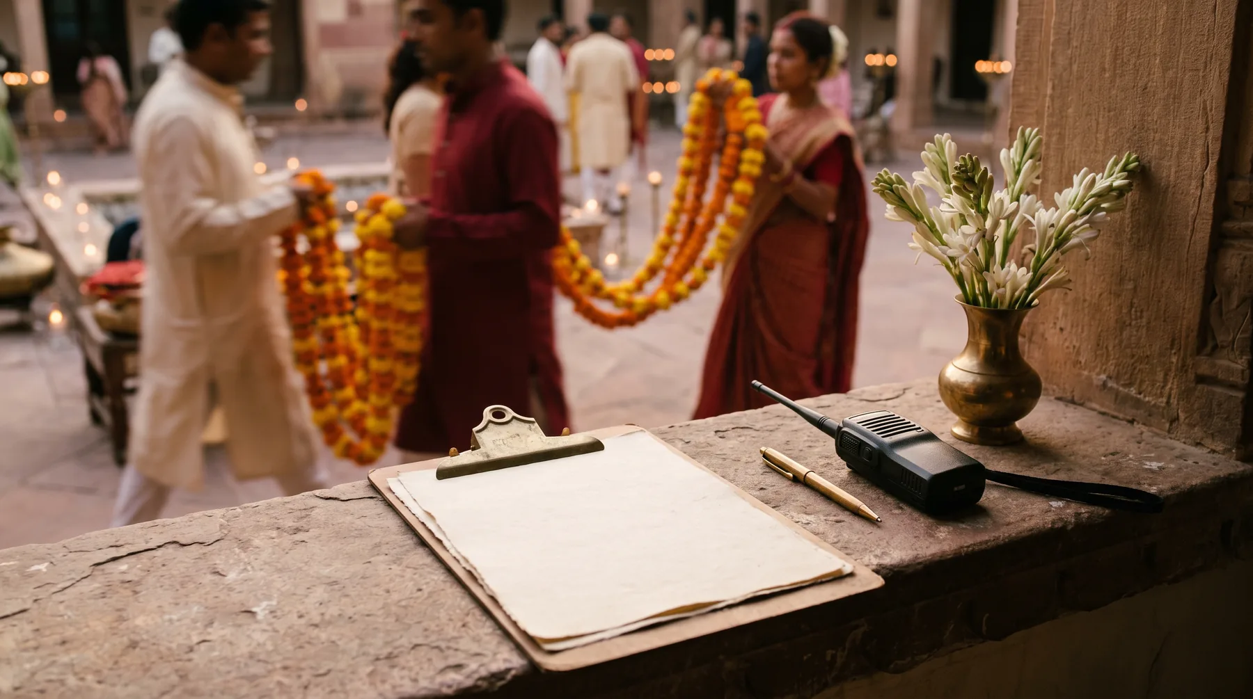 A wedding planner's run-of-show and radio on a sandstone ledge at dusk