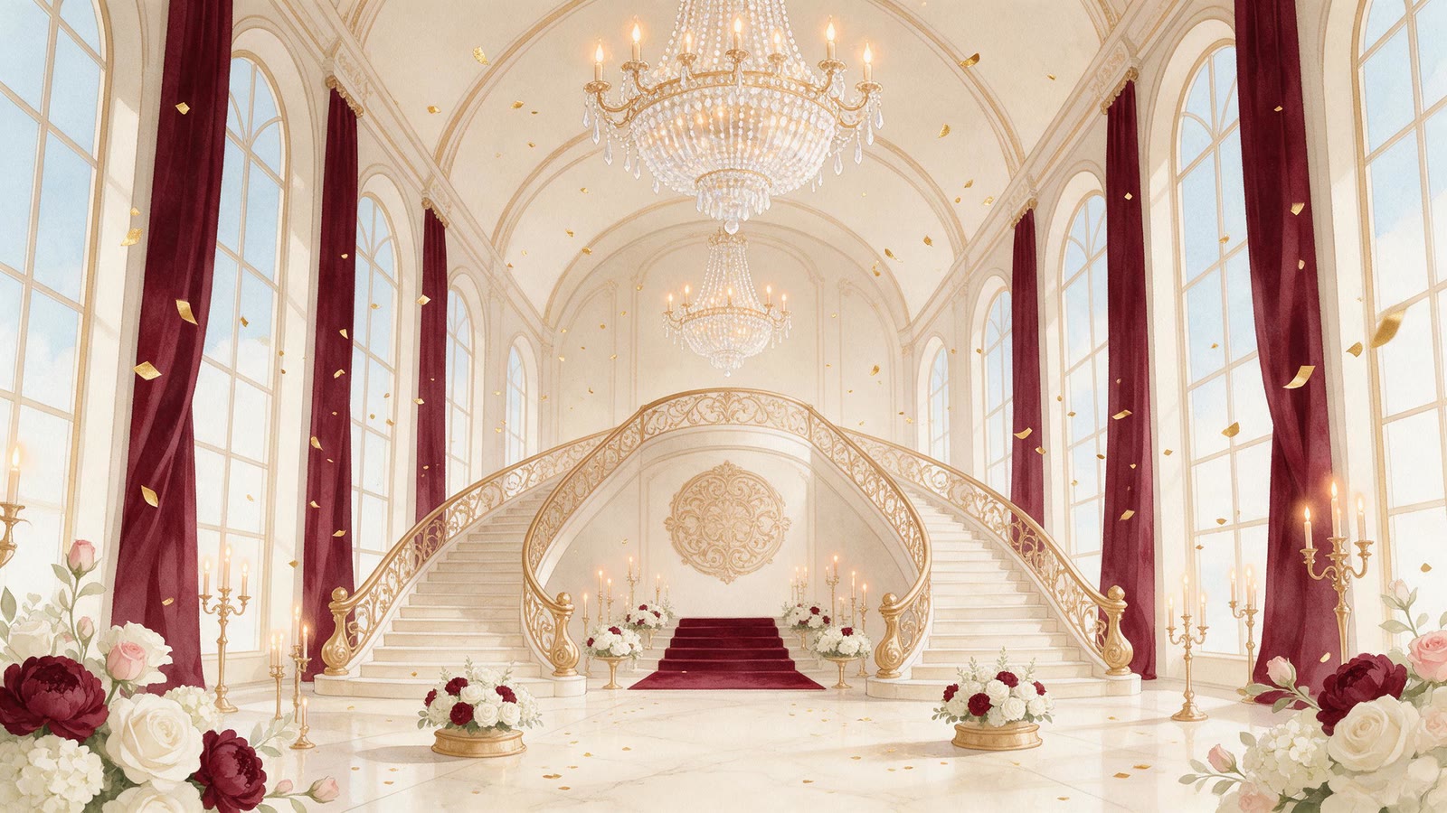 An illustrated grand ballroom with chandeliers, long tables and a polished floor