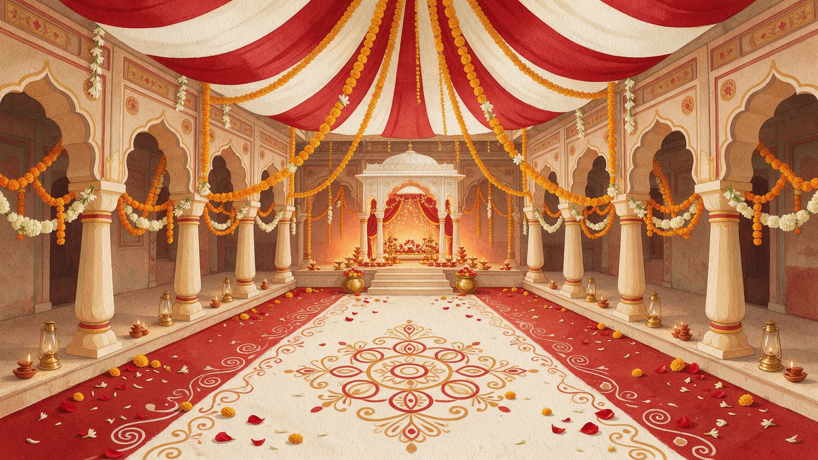 An illustrated Kolkata wedding house courtyard in red and white, with shonkho and betel leaves