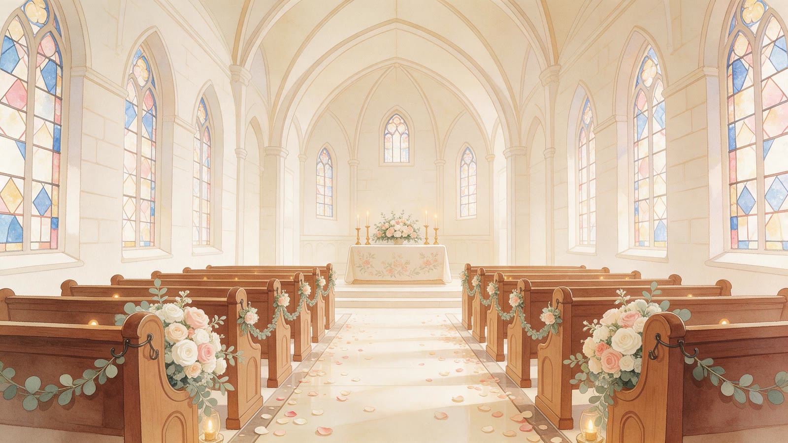 An illustrated chapel with open doors, blush peonies and a gulmohar tree in flower