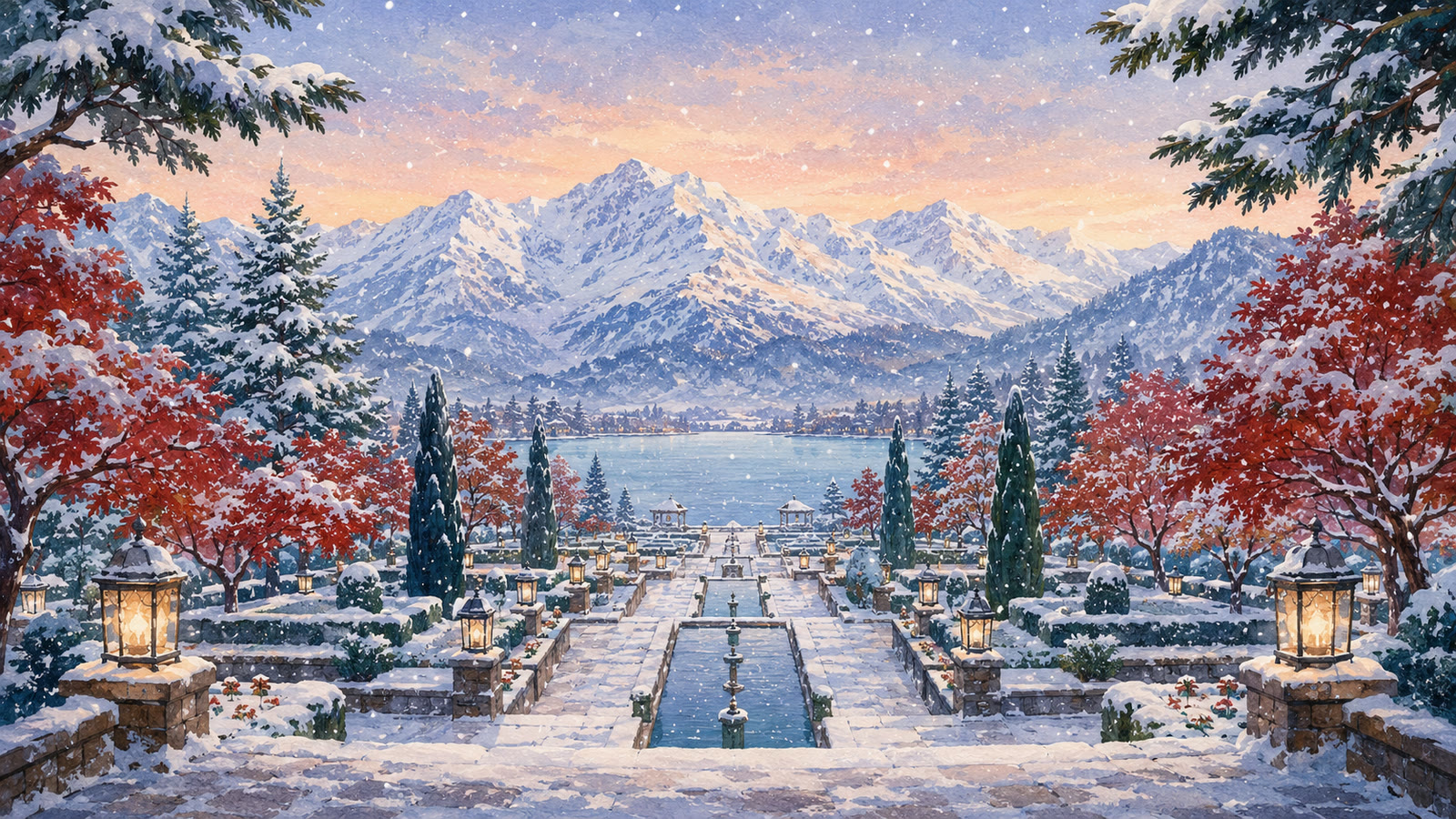 An illustrated Kashmiri courtyard under snow, with chinar trees and a shikara on the lake
