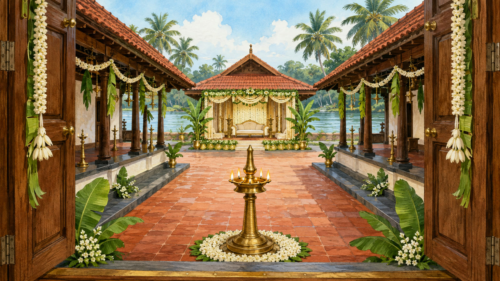 An illustrated backwater courtyard with coconut palms, brass lamps and a teak boat on still green water