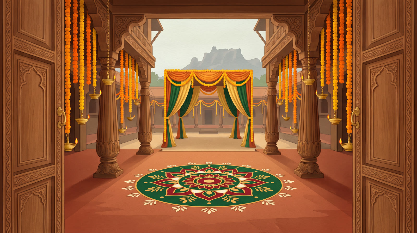 An illustrated Pune wada courtyard with carved wooden pillars and an antarpat held up