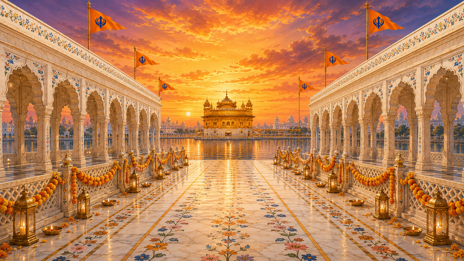 An illustrated gurdwara courtyard with the Nishan Sahib, marigold and a dhol