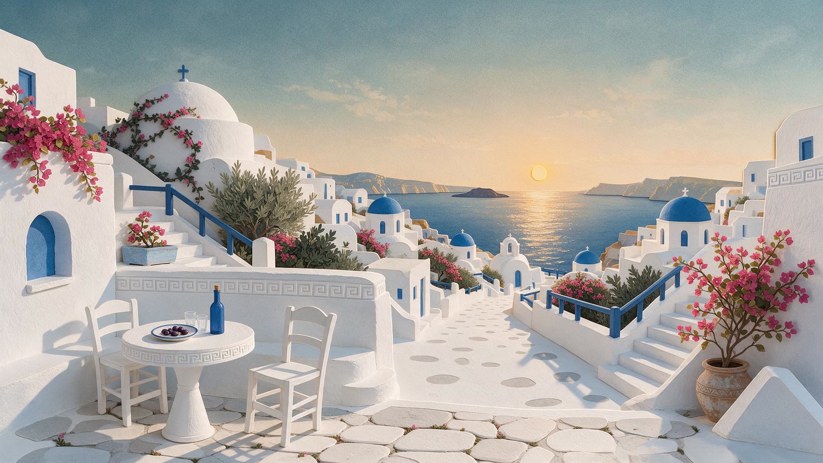 An illustrated Santorini cliffside with whitewashed walls, blue doors and the caldera below