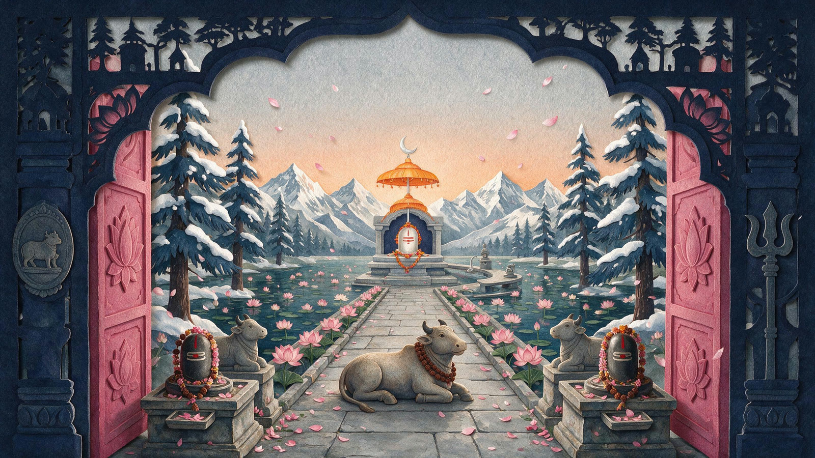 An illustrated Himalayan scene with Kailash under a full moon, diyas along the rock