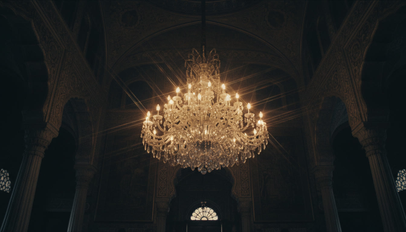 A crystal chandelier lit against a dark, ornate hall